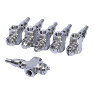 Air atomizing nozzle used for semiconductor fab scrubber humidification and chemical delivery