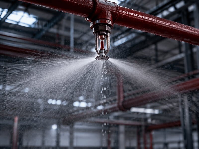 Industrial-fire-protection-sprinkler-nozzle-system-spraying-water-for-fire-suppression-and-safety-control