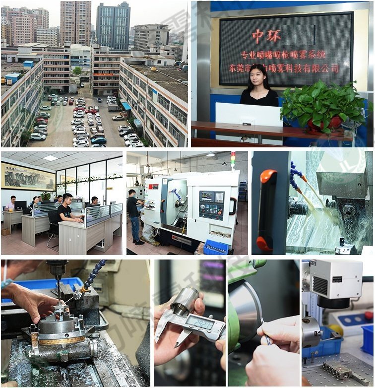 Collage of a factory building, CNC machining workshop and nozzle inspection at the manufacturing site